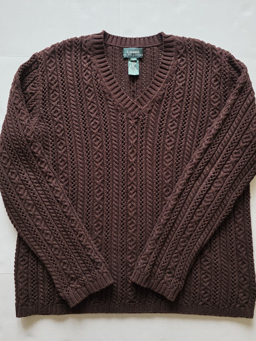 Vtg Lauren Ralph Lauren Chocolate Brown Cotton Cable Knit VNeck Sweater L 90s
